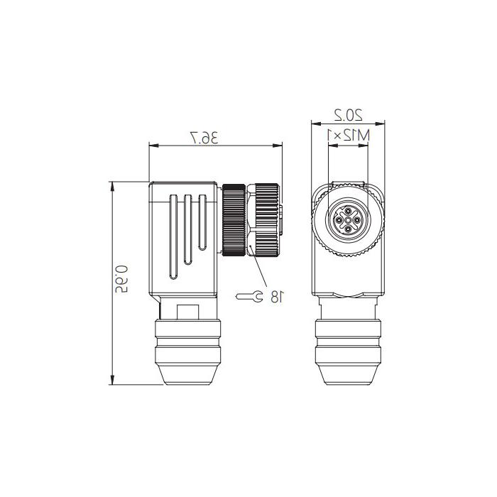 M12 5Pin, B-coded, female 90°, screw connection, metal shield, 0CF061