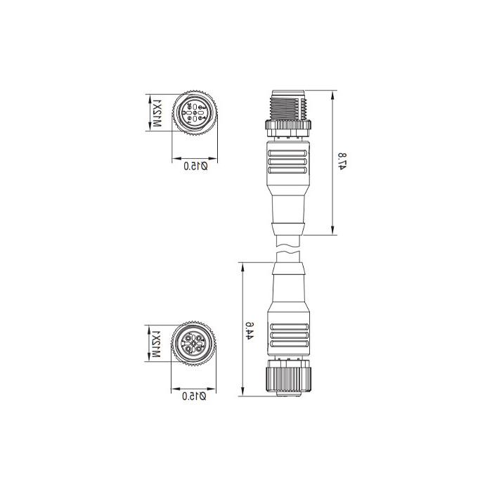 M12 4Pin -公/母-双端预铸PVC非柔性电缆，带屏蔽，灰色护套- 0C4A43-XXX