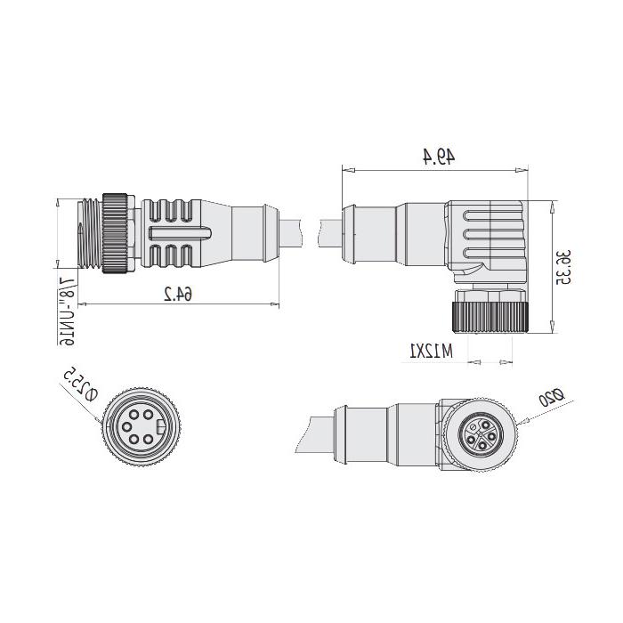 M12 5Pin female 90°L-coded turn 7/8"5Pin male straight A-coded, double-ended pre-cast PVC non-flexible cable, yellow sheathing, 64L883-XXX